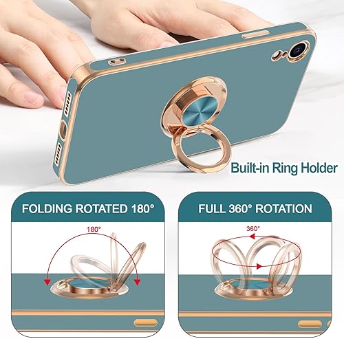 Miniatura 4 de Hython Funda para iPhone XR, cubierta protectora de TPU suave chapado en gris azul brillante con soporte de anillo giratorio de 360, soporte