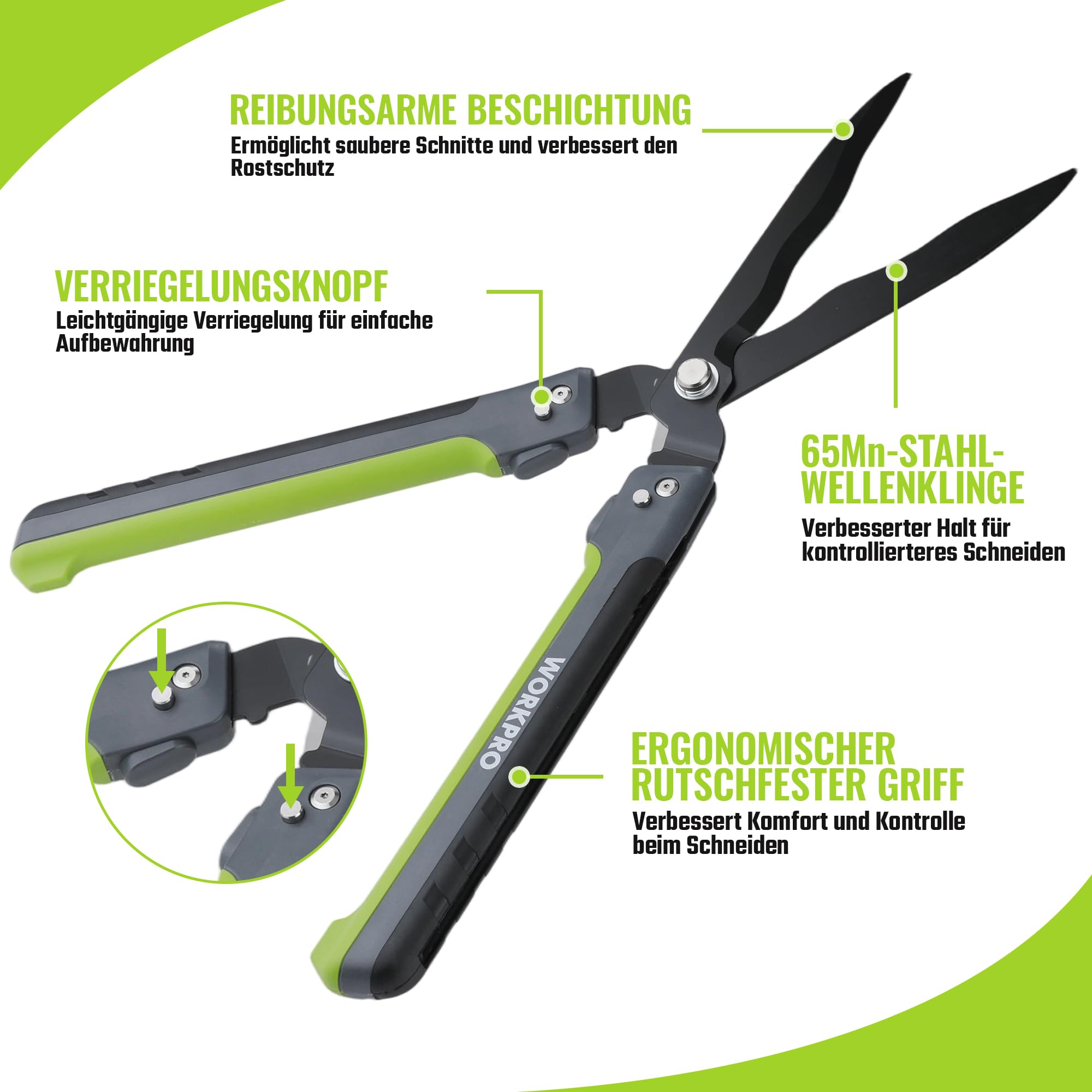 WORKPRO Heckenschere 58,5 cm mit 14° Wellenschliff, Klappbar | Ergonomische Griffe, Präziser Wellenschliff, für Hecken, Sträucher und Rasenkanten,Strauchschere, Heckenschere Manuell