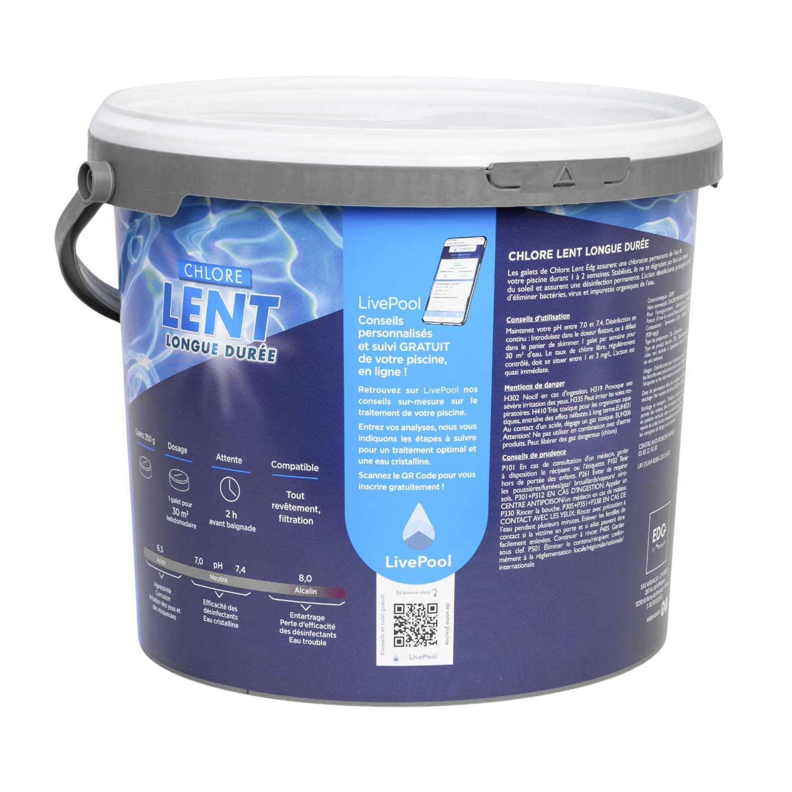 EDG - Chlore Lent Piscine - Chlore Permanent - Désinfection Longue Durée - Galet 250 g - Seau 5 kg- EDG by AQUALUX International