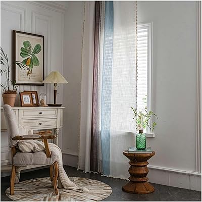 Gualiy Living Room Thin Curtains, Window Two Panel Curtains Drapes Country Style Embroidered Tassels Blackout Drapes for Bedroom 52 inch Wide Blue Coffee Curtains 36 inch Long