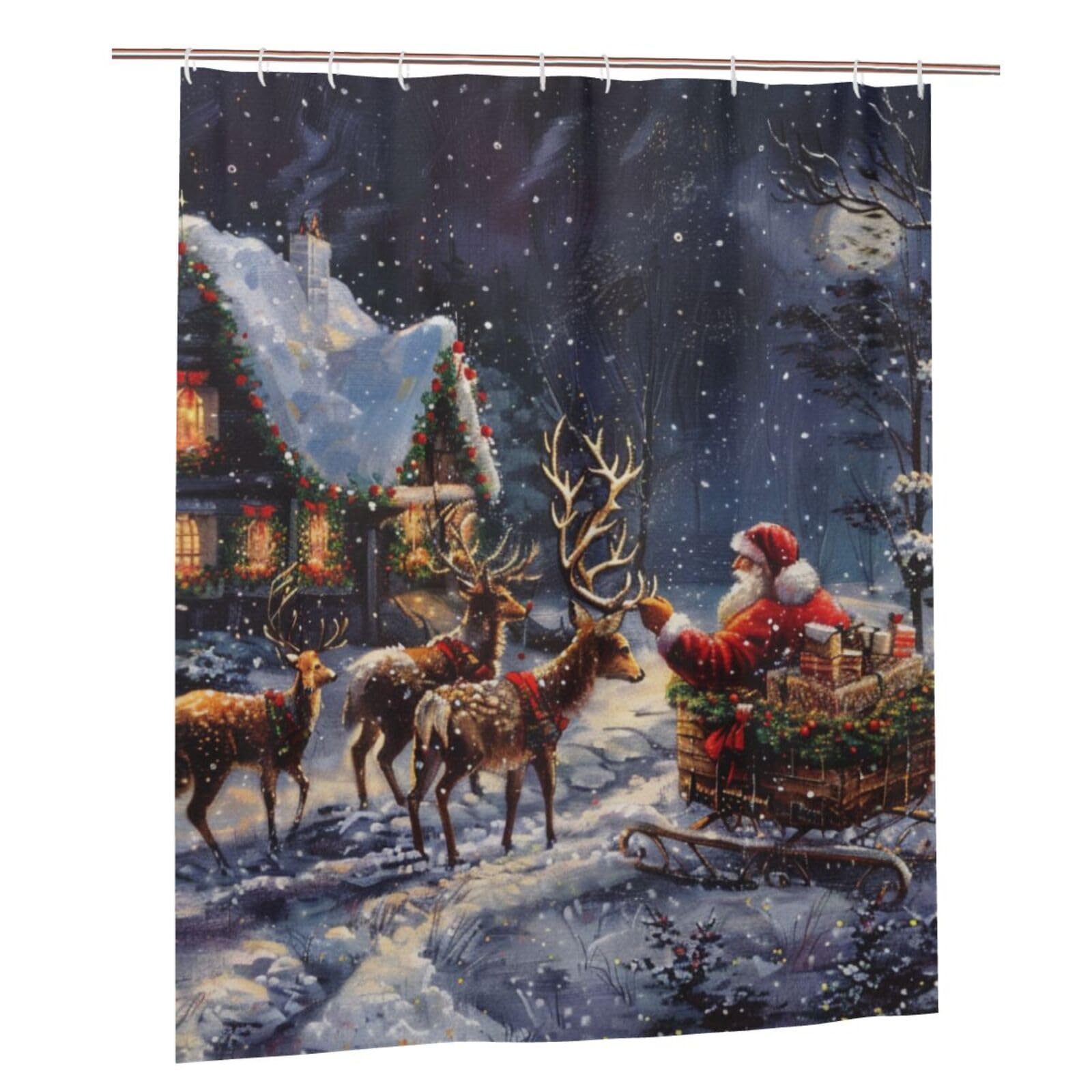 BWWHCCTI Snow Night Santa and Deer Printed Shower Curtain With 12 Plastic Hooks Opaque Quick Drying Waterproof Shower Curtains Sets For Bathroom 152x183 Cm