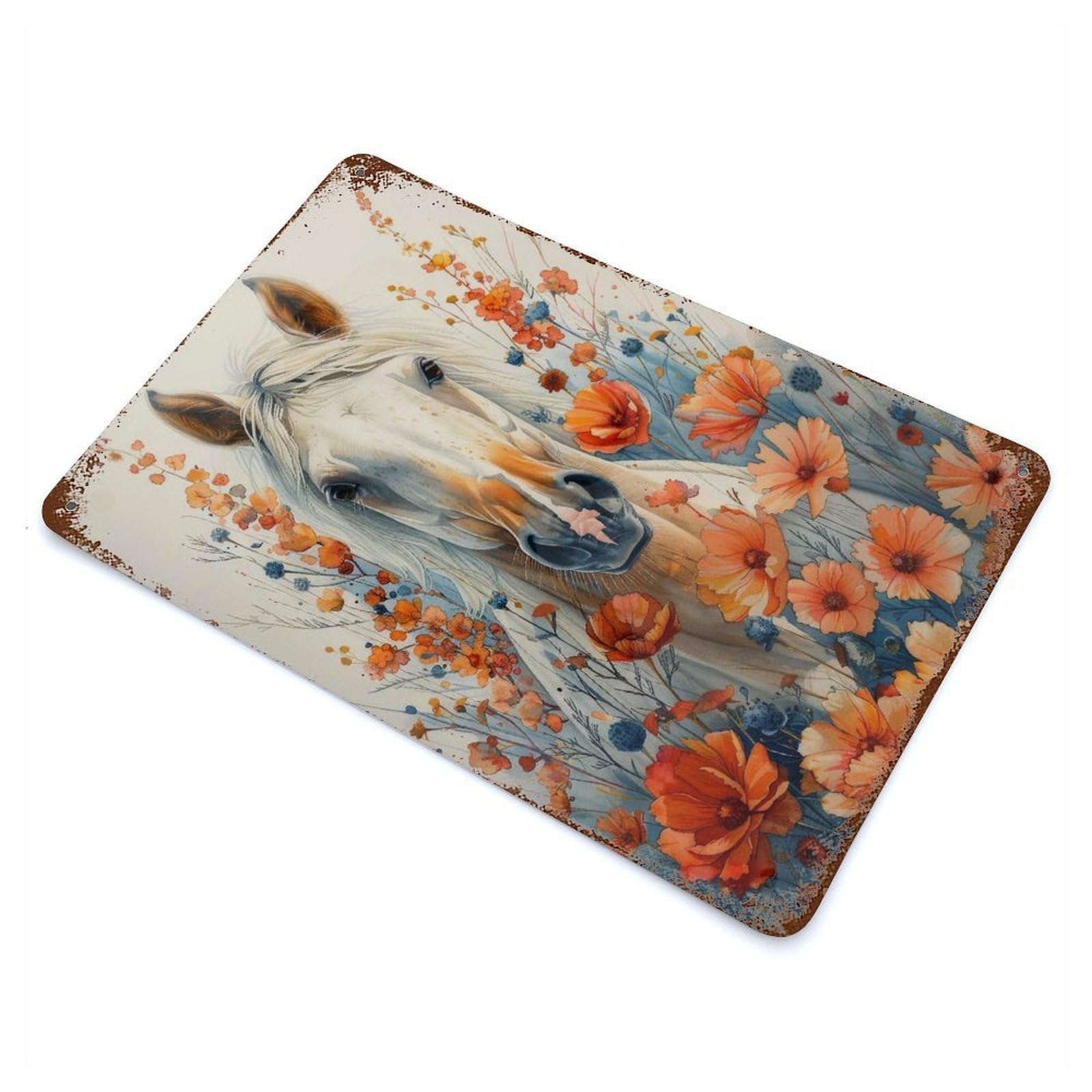 Rustic Tin Plaque Horse Flowers 11.8"x7.9", Rustic Home Decor for Office, Studio And Wall Decor