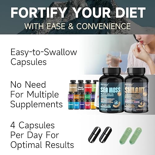 Miniatura 5 de Paquete de 120 cápsulas de musgo marino y shilajit, con Seamoss, aceite de semilla negra, Ashwagandha, jengibre, raíz de bardana, cúrcuma, pimienta