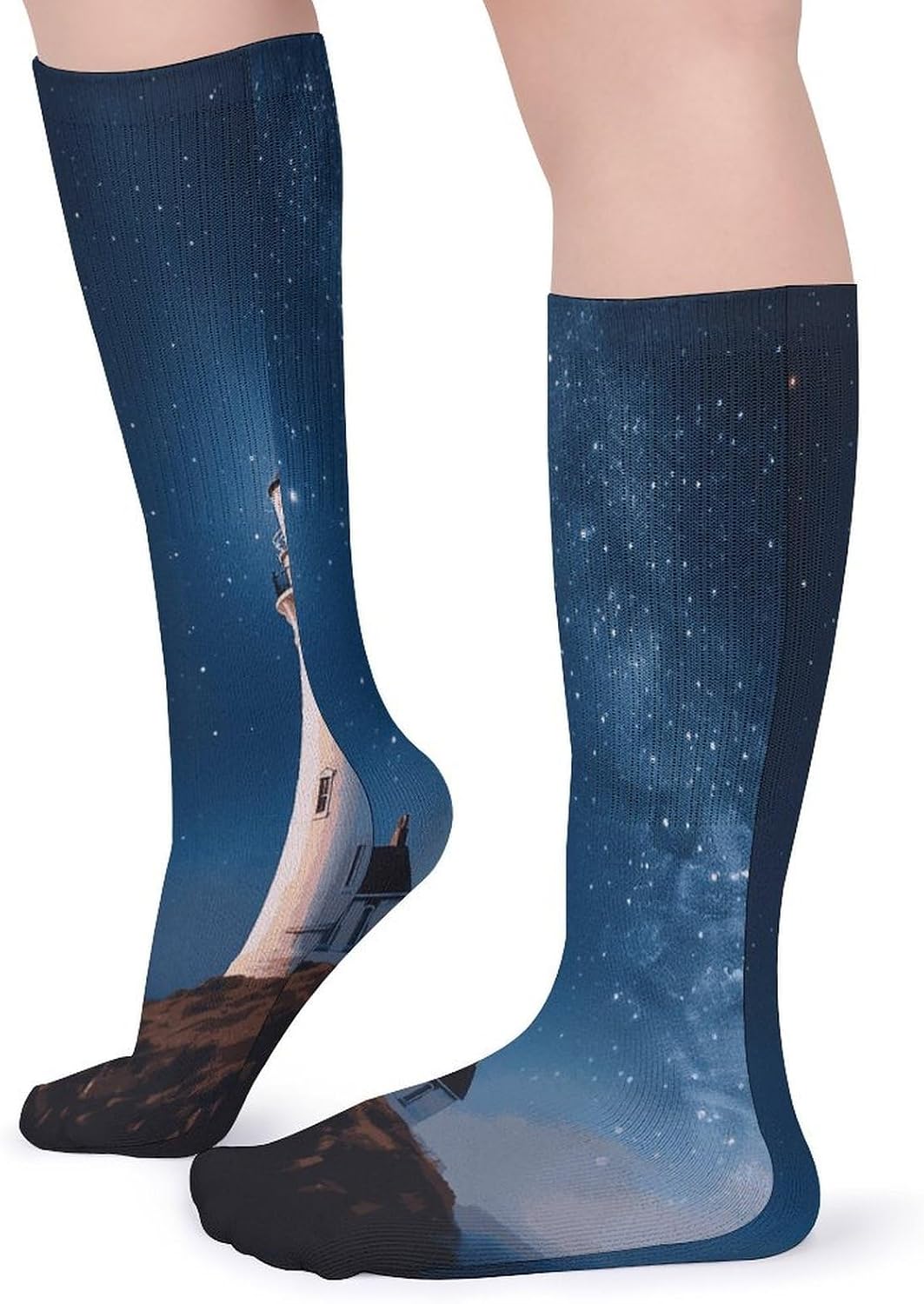 Lighthouse Under Starry Night Sky Crew Socks High Stocking Thermal Socks | Tube Socks-Breathable-Moisture-Soft-wicking for Hospital Pilates Yoga for women men Grippy for office and daily walking