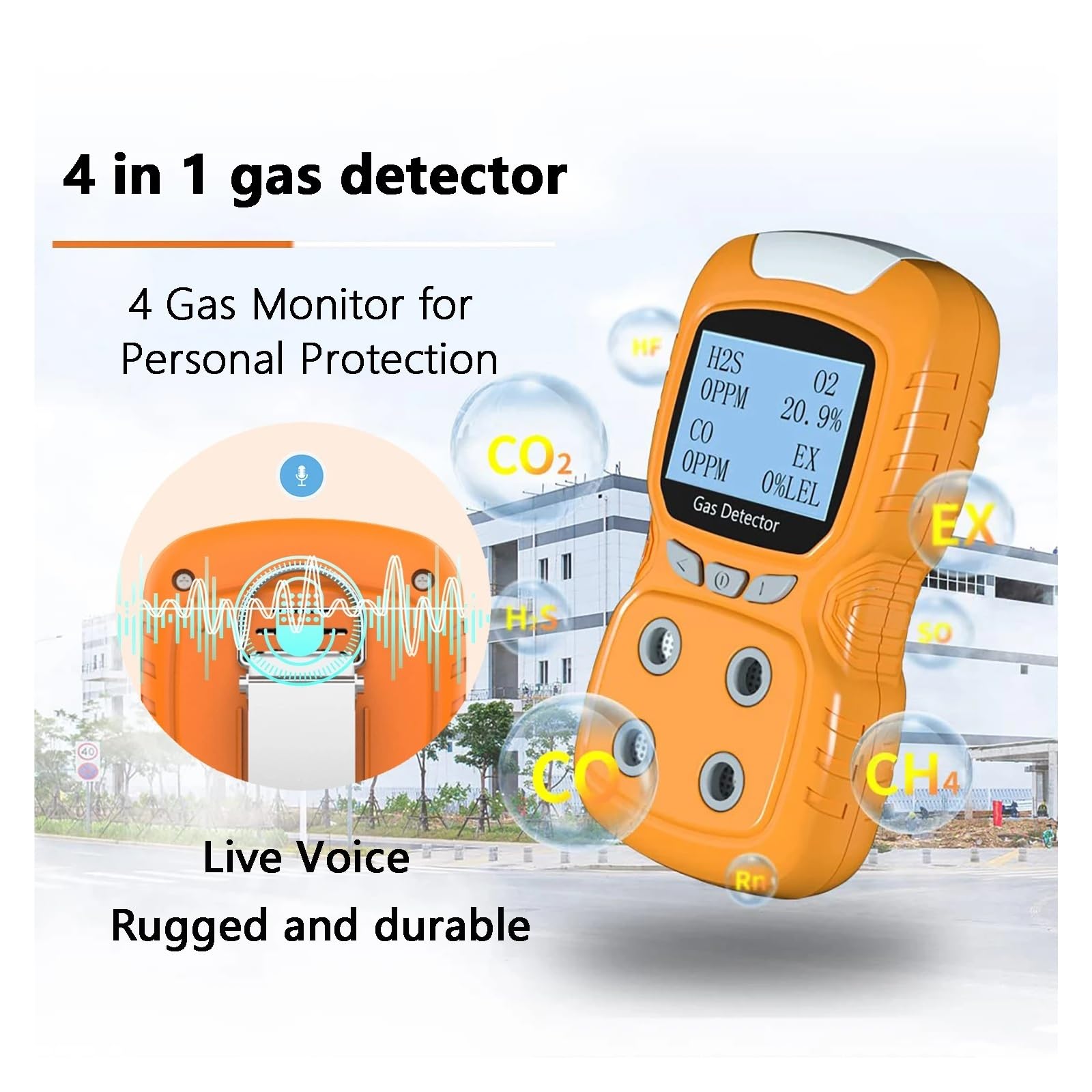 Rilevatore di gas multi portatile 4 in 1 con display LCD digitale Allarme O2, CO, H2S, Analizzatore tester sensore gas LEL Date in tempo reale