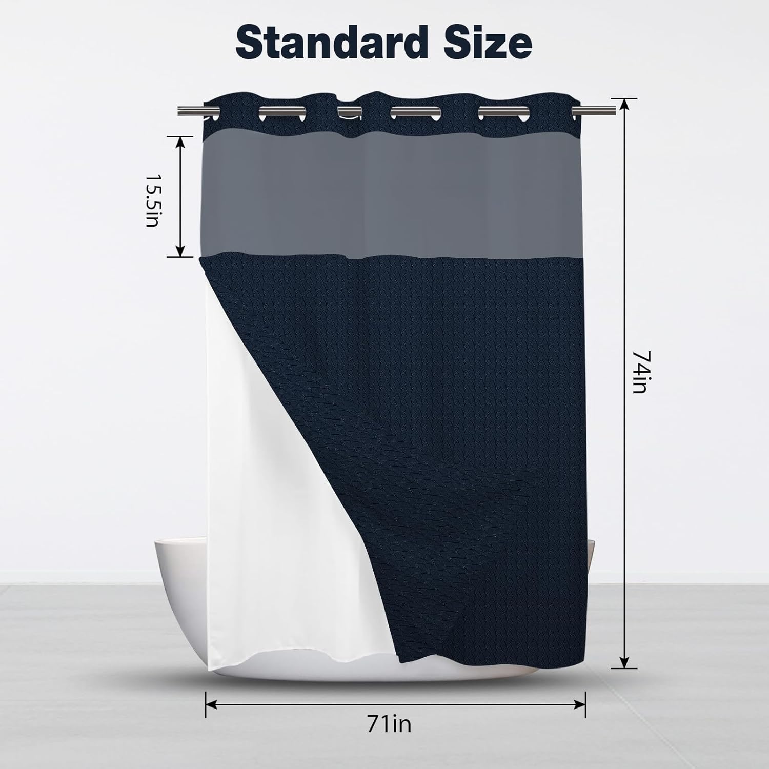 No Hook Shower Curtain with Snap in Liner Set Blue Fabric Cloth Modern Shower Curtain for Hotel Bathroom Decor 71x74 Inch