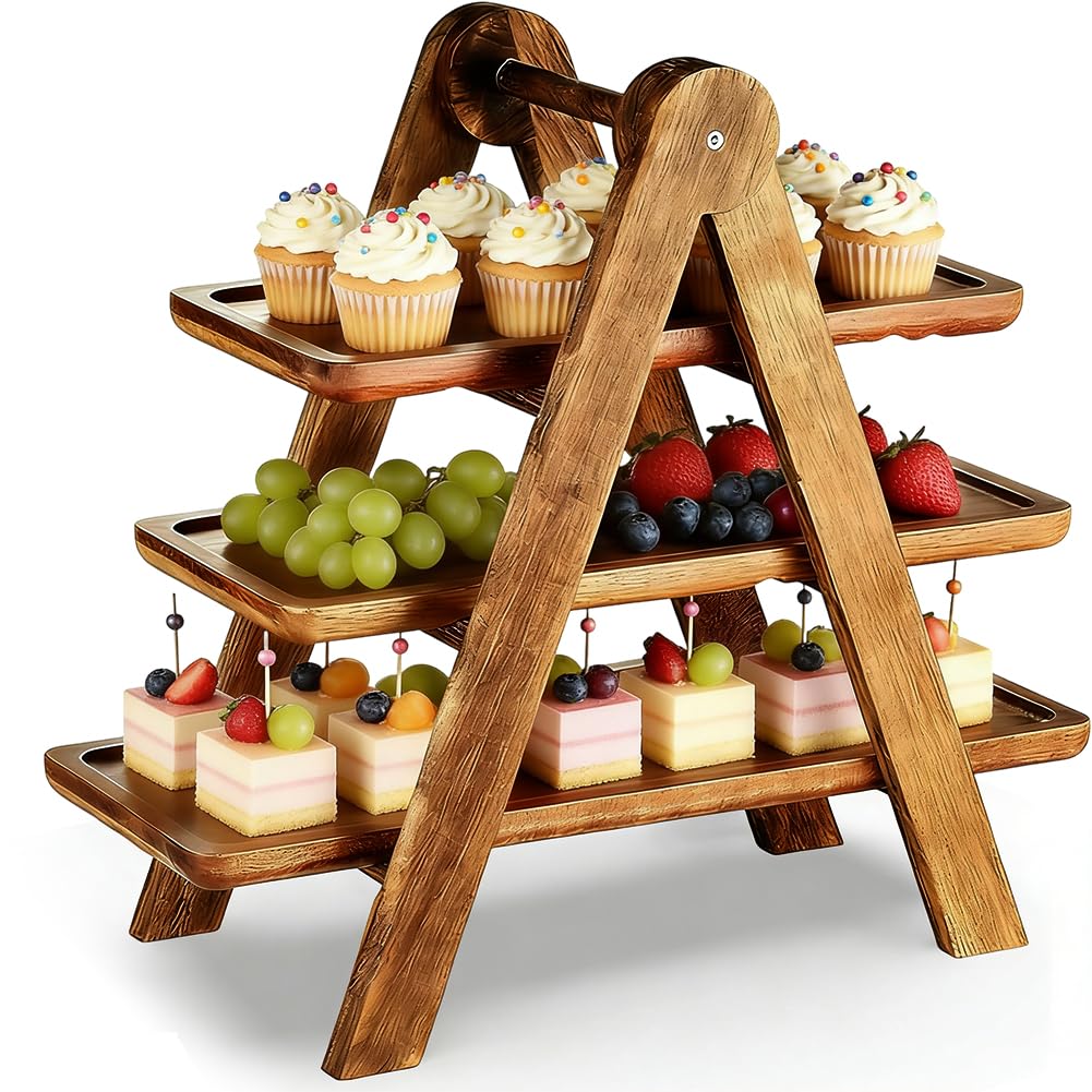 Holz Etagere Groß 3 Etagen, 43x42x17cm Rechteckiges Klappbares Buffet Serviergestell, Gestuftes Tablett aus Holz, Ideal als Servierständer und Tortenständer für Cupcake, Kuchen, Muffin, Snacks, Torten