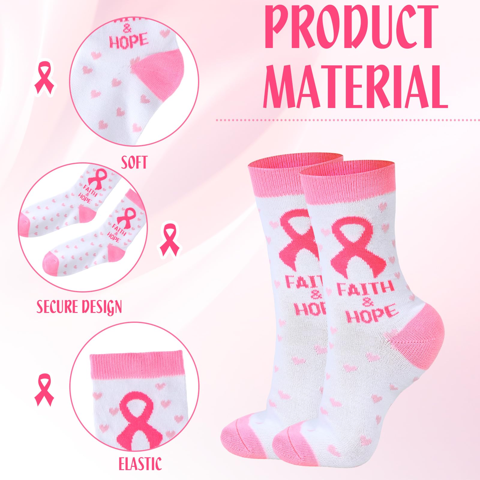 Hercicy 48 Paar Brustkrebs-Bewusstseinssocken, weich, rosa, Crew-Socken, Großpackung, rosa Schleife, Brustkrebs, Geschenke für Frauen, Jugendliche, Sport, Fußball, Cheer Zubehör, Mehrfarbig,