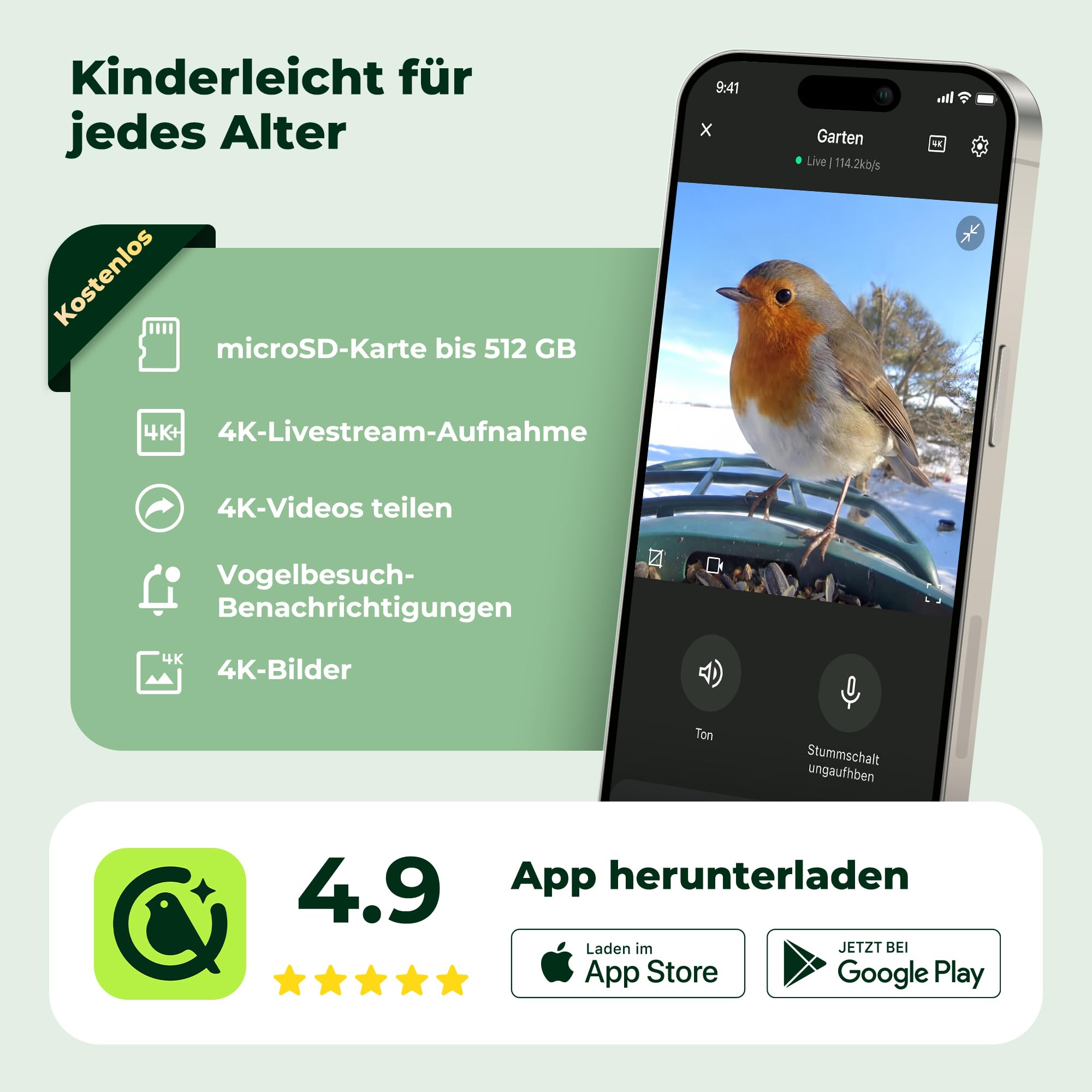 Kiwibit Smart Vogelhaus, 4K Kamera, KI-Erkennung, integriertes Solardach | 8MP Fotos, Live-Ansicht, KI-Vogelerkennung mit Kiwibit , Echtzeit-Alarm und Zwei-Wege-Audio