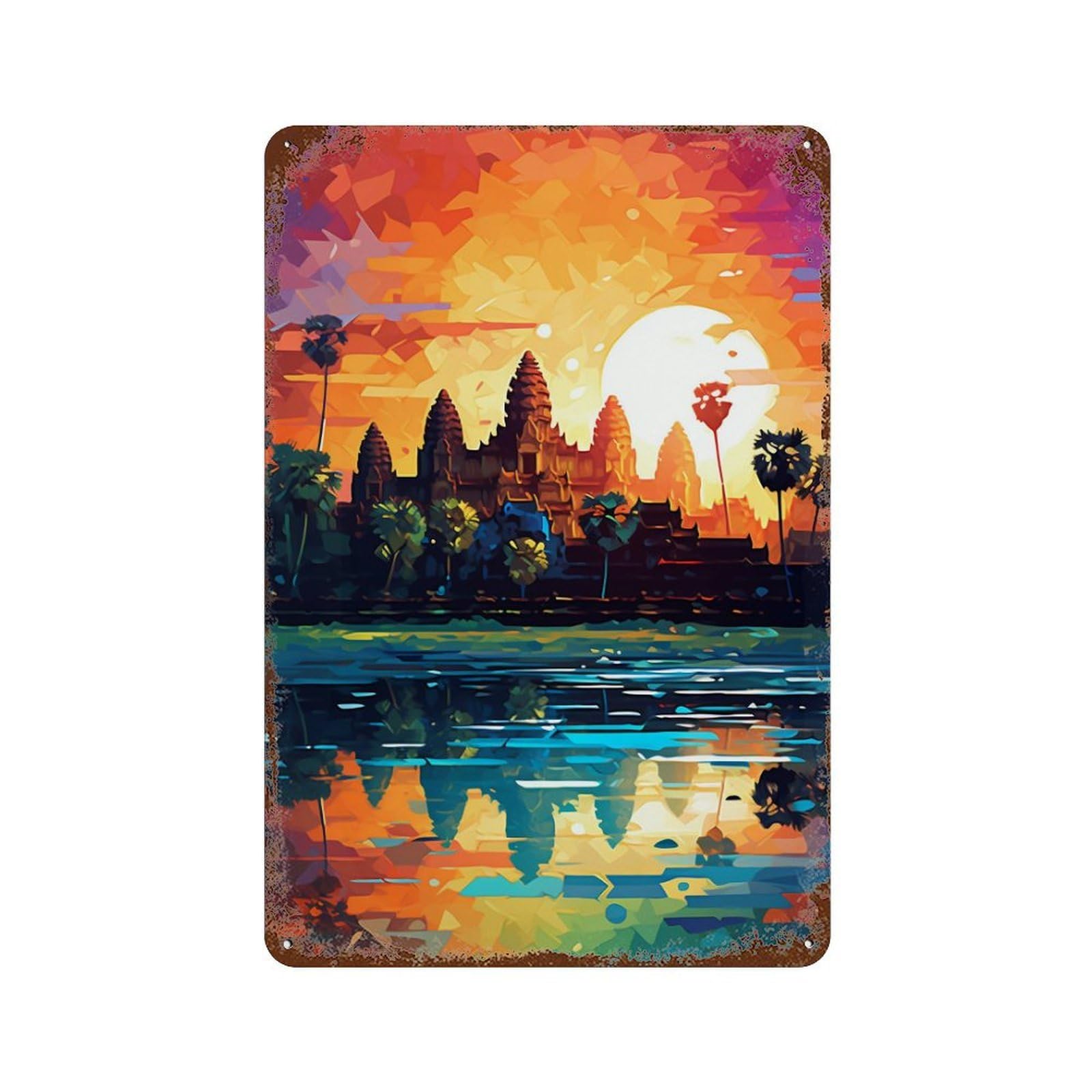 Angkor Wat Sunset Reflections -4 Retro Metal Sign 11.8"x7.9", Vintage Wall Decor for Bistro, Counter And Cafe Decor