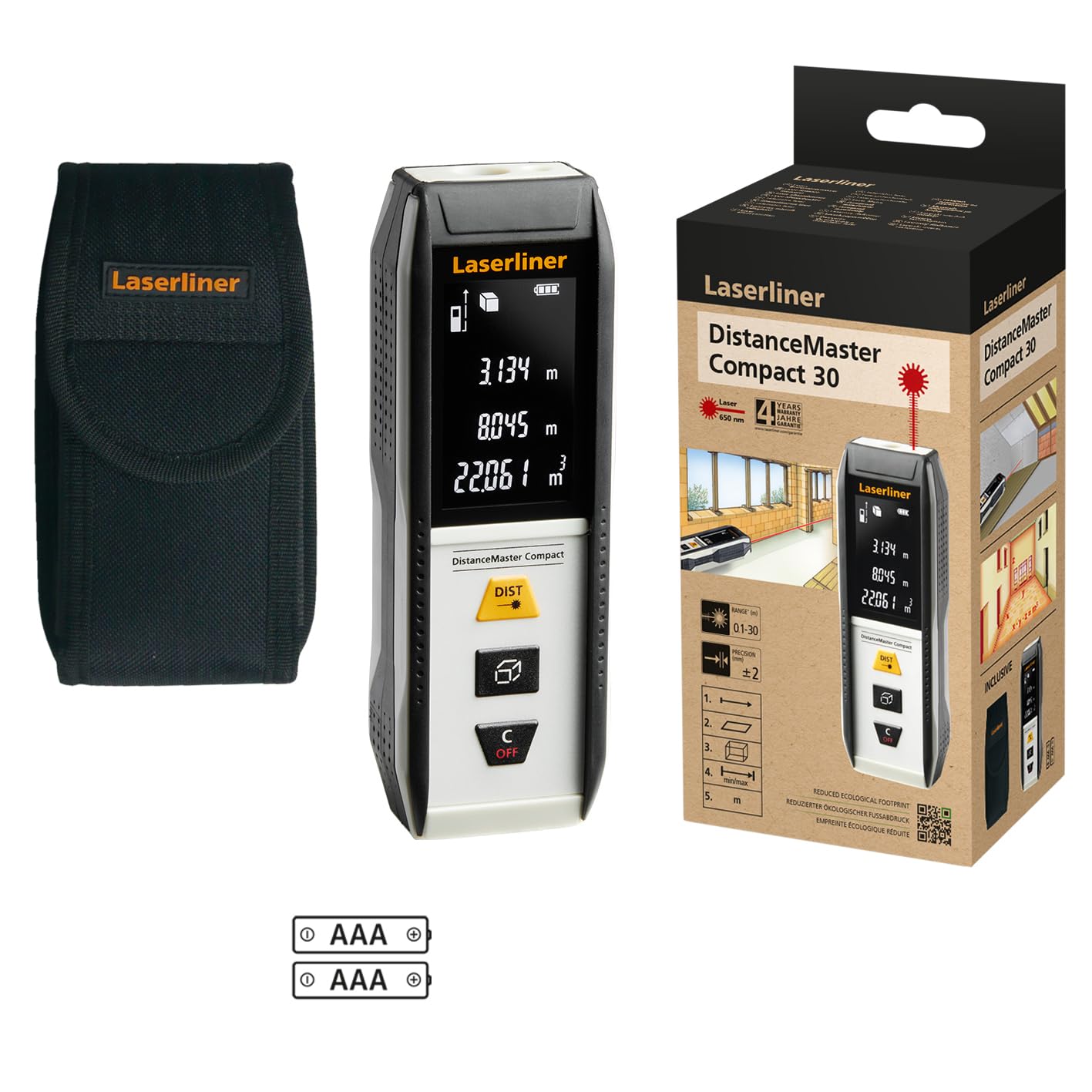Laserliner Distanziometro laser fino a 30 m, DistanceMaster Compact 30, misura lunghezza/area/volume, misurazione continua, memoria 50 valori, custodia inclusa