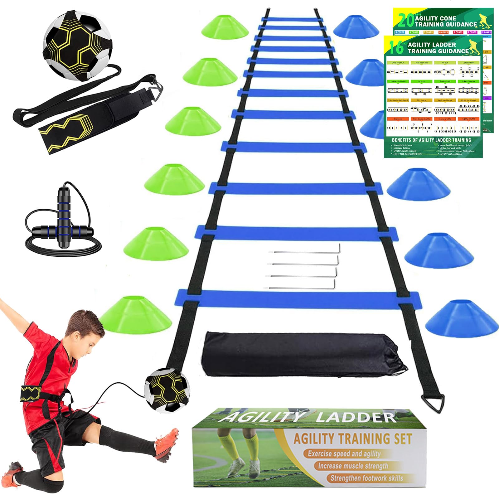 Fussball Trainingszubehör, 6m Koordinationsleiter, 12 Hütchen, Fußballtrainer und Springseil, Fussball Trainingsset Sachen, Fußball Geschenke für Jungs Kinder