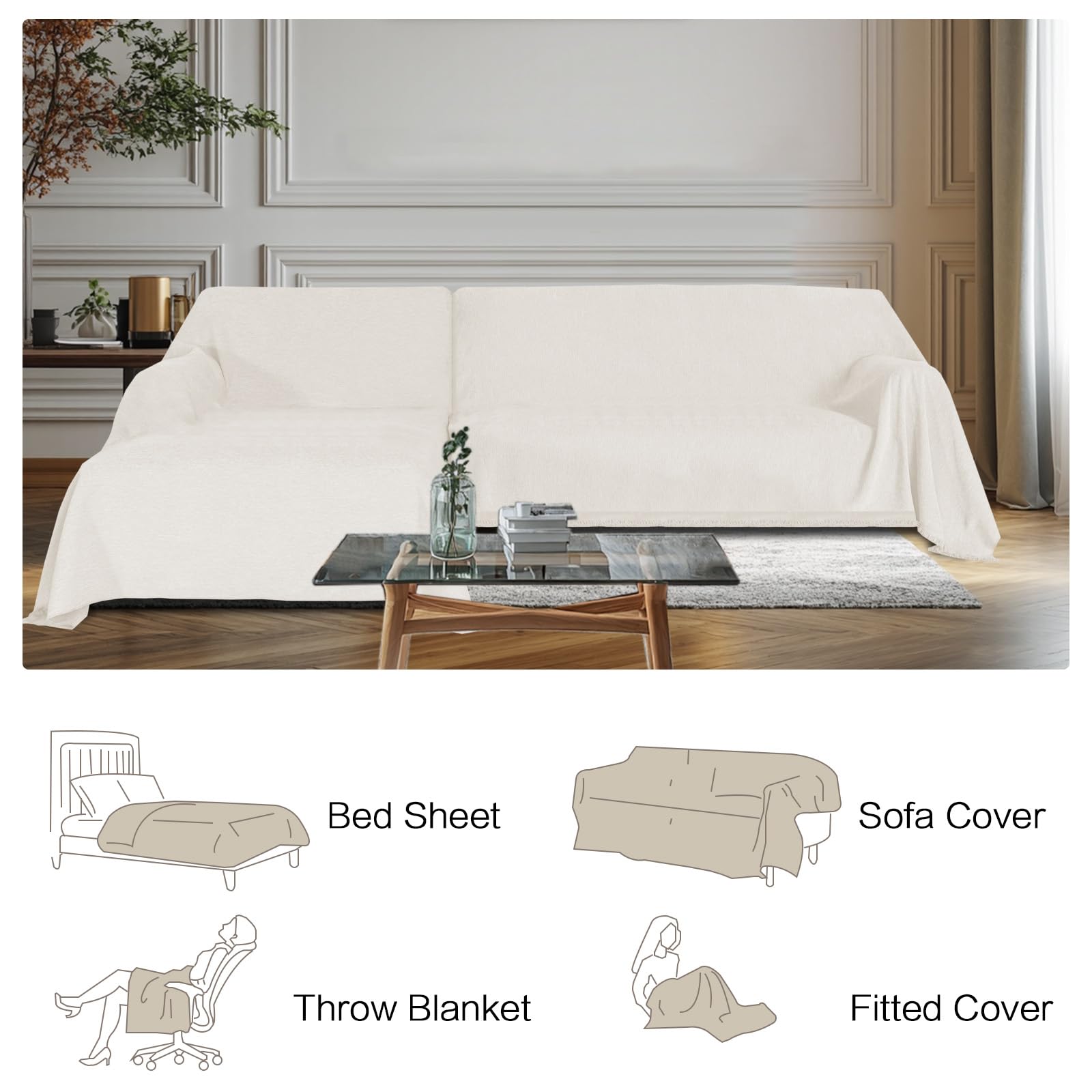 BellaHills Ciniglia Copridivano 3 Posti con Penisola Ciniglia, Nuovo Fodera per Divano Antiscivolo Antimacchia, Telo Copridivano con Braccioli Graffi Gatto (Beige, 180230 cm x 180279 cm)