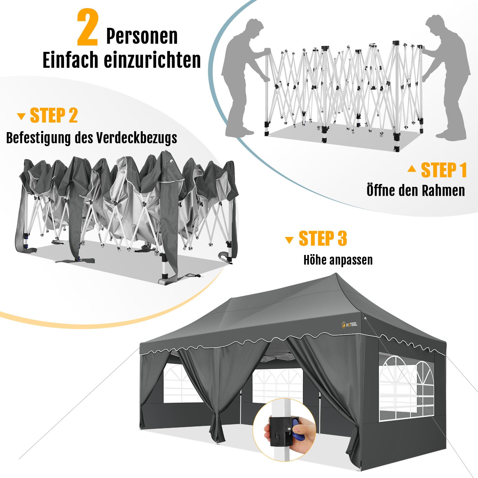 HOTEEL 3x6m Pop Up Pavillon Wasserdicht mit 6 Abnehmbaren Seitenwä Stabi lNden, Wellensaumdach Uv Anti 50+ Faltpavillon mit Radtasche und 4 SandsäCken, für Hochzeit, Party, Picknick, Markt (Grau)