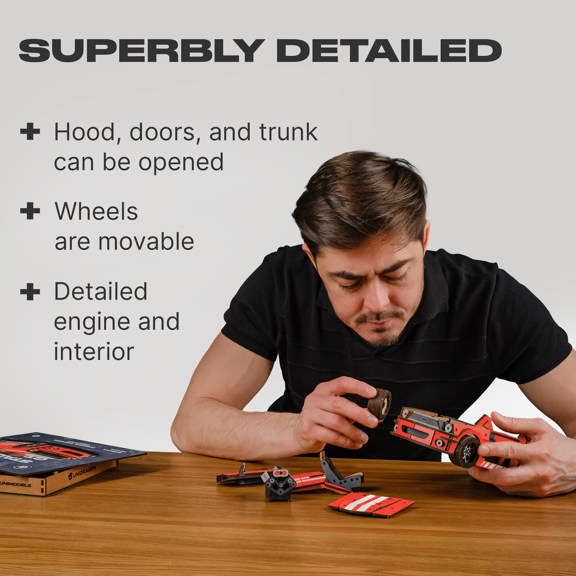UNIDRAGON Original Wooden Jigsaw Puzzles for Adults Unimodels Stallion GT Red 248 Pieces, Assembled Car Model, Gift Box, Shaped Pieces, Wooden Puzzles for Adults