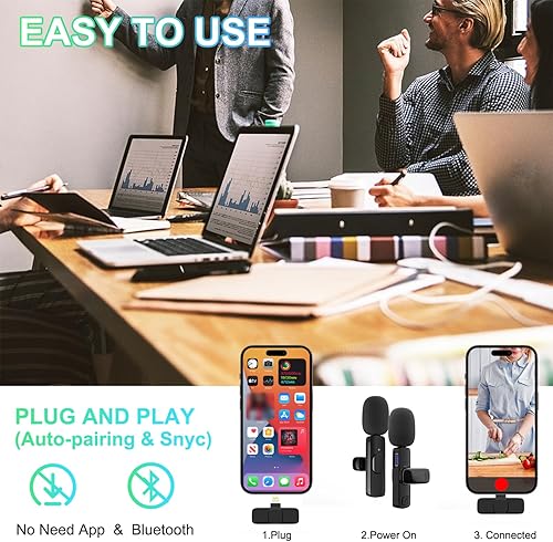 Miniatura 2 de Paquete de 2 micrófonos de solapa inalámbricos para iPhone, micrófonos profesionales de solapa, micrófono inalámbrico Plug-Play, micrófono de solapa