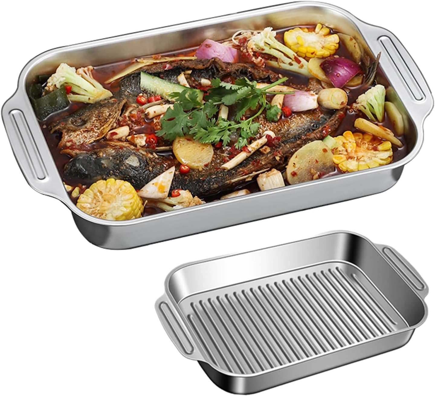 Roasting Pan with Handles and Striped Bottom - Stainless Steel Rectangular Fish Baking Tray Lasagna Pan Cake Cookie Plate Dish Serving Platter for Roast Turkeys,Hams,Ribs, 2 Sizes (36cm,Shallow)
