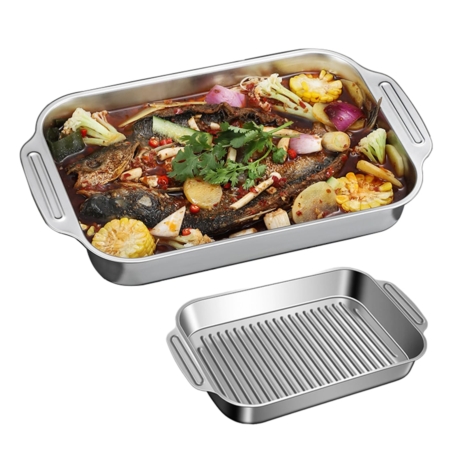 Sartén con asas y fondo a rayas – Bandeja rectangular de acero inoxidable para hornear pescado, molde para lasaña, tartas, bandeja para galletas, bandeja para servir pavo, jamón, costillas, 2 tamaños