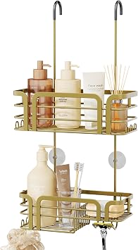 SWTYMIKI Shower Caddy Hanging Organizer - Over the Door Shower Caddy with Soap Holder, 11 Hooks, 2 Installation Ways, Stainless Steel Rustproof Bathroom Organizer, Gold