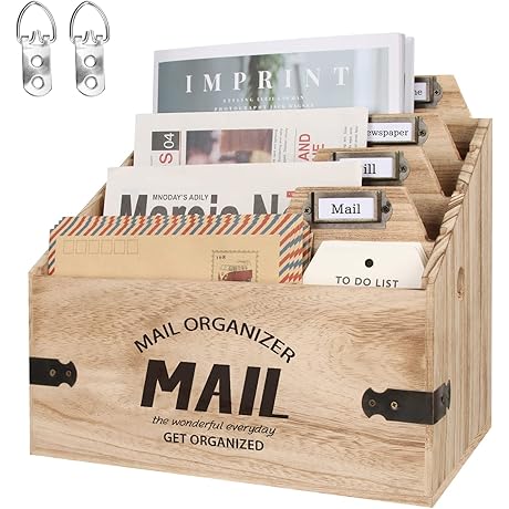 4-Slot XL Mail Organizer: Wood Rustic Country Farmhouse Desktop Decor
