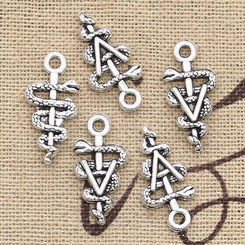 FZSWD 30 Uds encantos Cetro de Serpiente Médico 20X10 mm Colgantes de Color Plata Antigua DIY Haciendo Hallazgos Joyería Tibetana Hecha A Mano