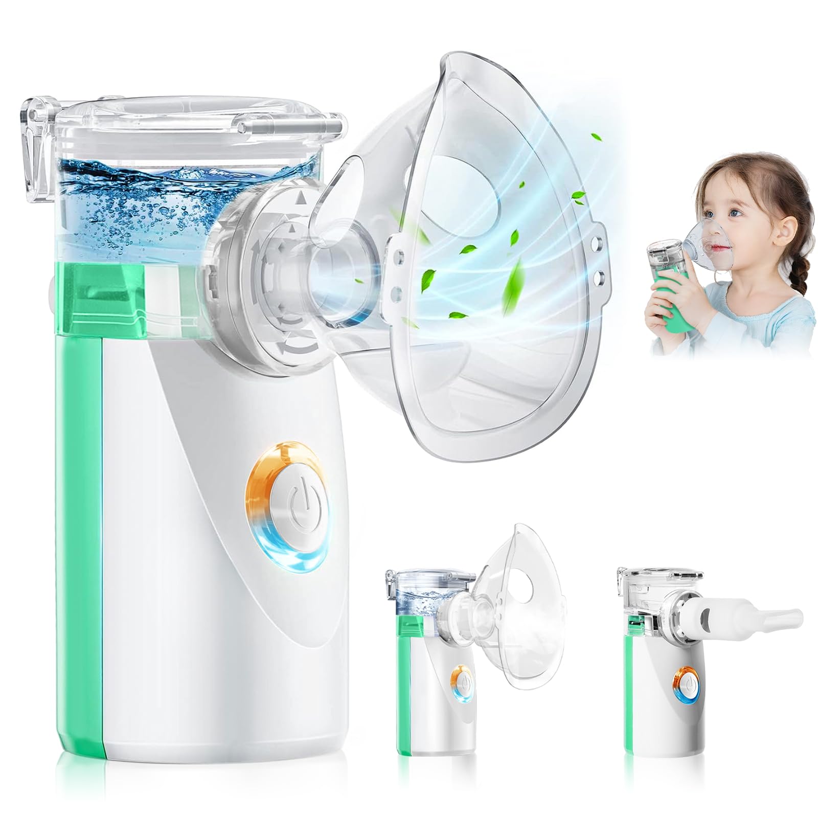 Aérosol pour Toute la Famille – Nébuliseur Ultrasonique pour Enfants, Adultes et Bébé, Inhalateur avec 2 Masques et Embout Buccal, Piles non incluses, Vert