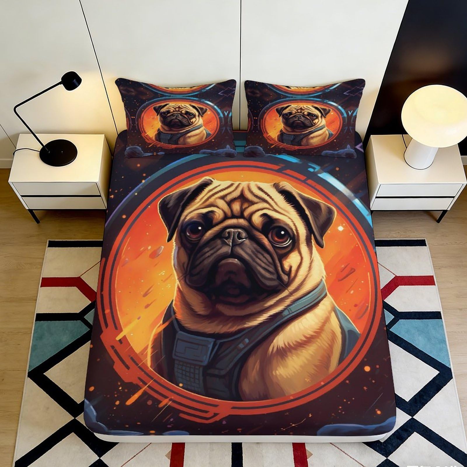 3D Printed Space Pug Fitted Sheet Microfiber Non-Slip Dog Art Mattress Cover for Bedroom Dorm Decor Protection 200x200x25cm