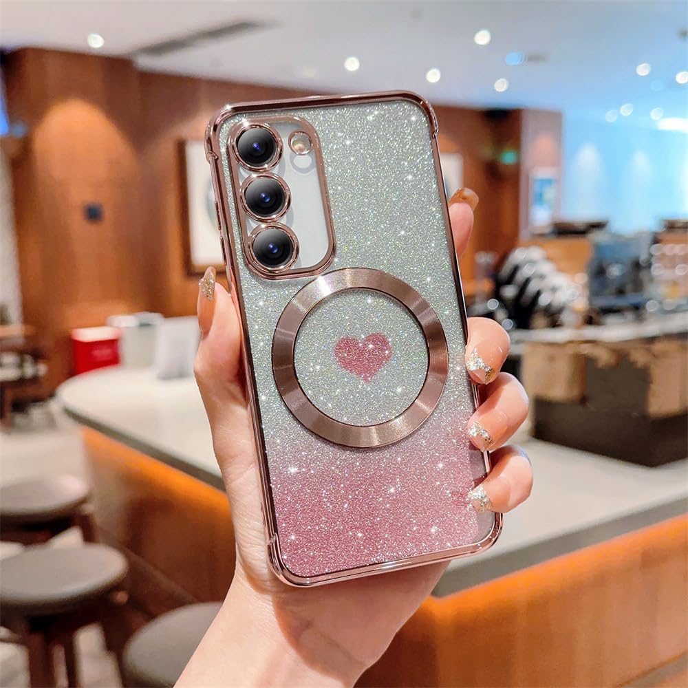 Coque paillettes dégradées de coeur pour Samsung S24 Ultra rose et compatible MagSafe