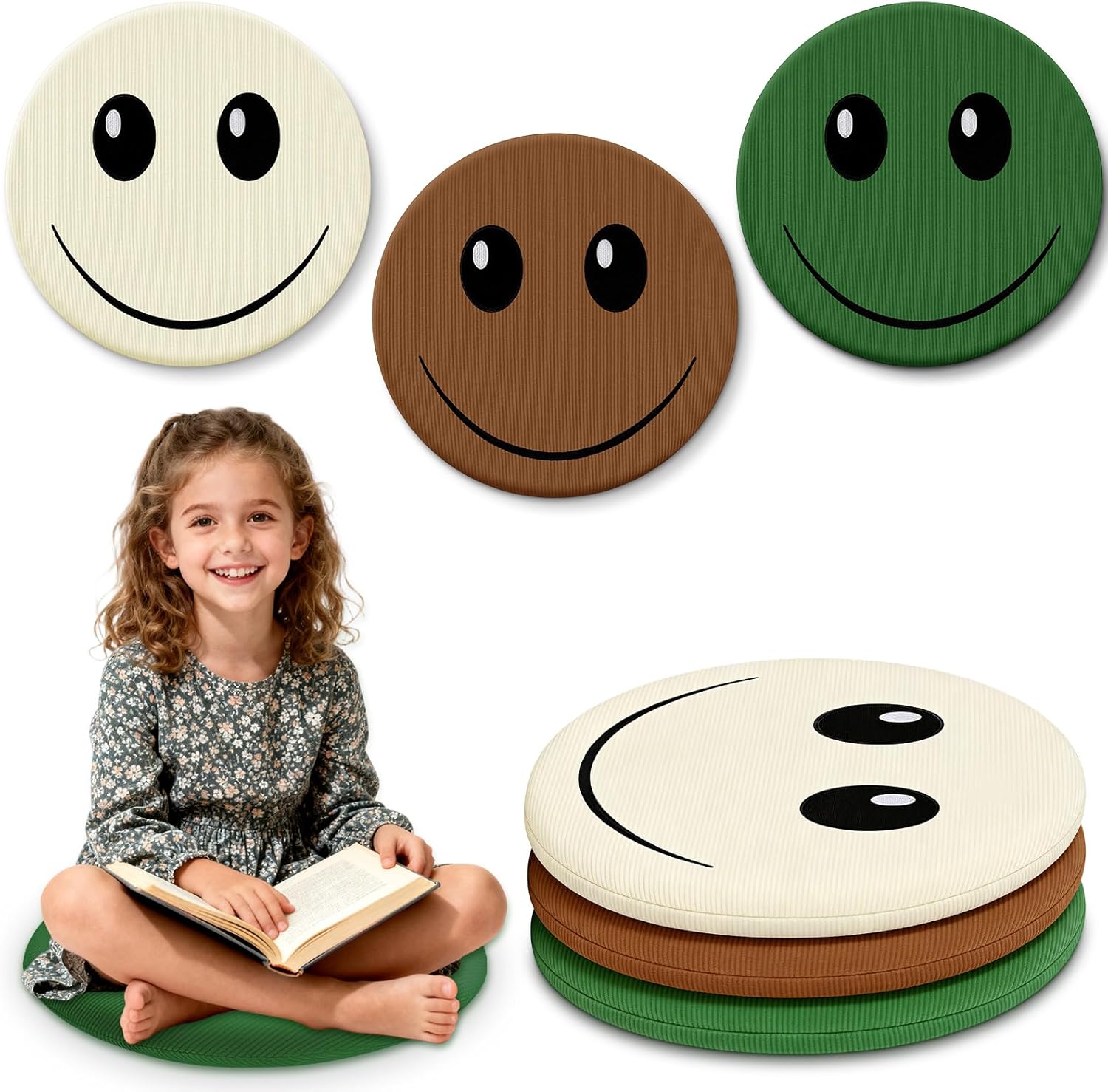 3PCS Floor Cushions for Classroom 16 Inch Smiley Face Floor Pillows Round Throw Pillows Face Emoticon Seat Cushion Cute Plush Pillow Chair Pads for Couch Bed Sofa Home Bedroom Dorm Decorations