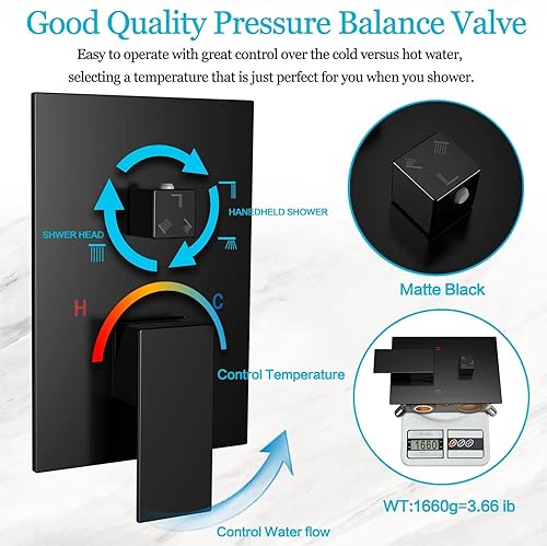 Miniatura 7 de Sistema de ducha de lluvia, juego de grifo de ducha de 12 pulgadas con boquilla de bañera, juego de grifos de ducha de cascada montado en la pared