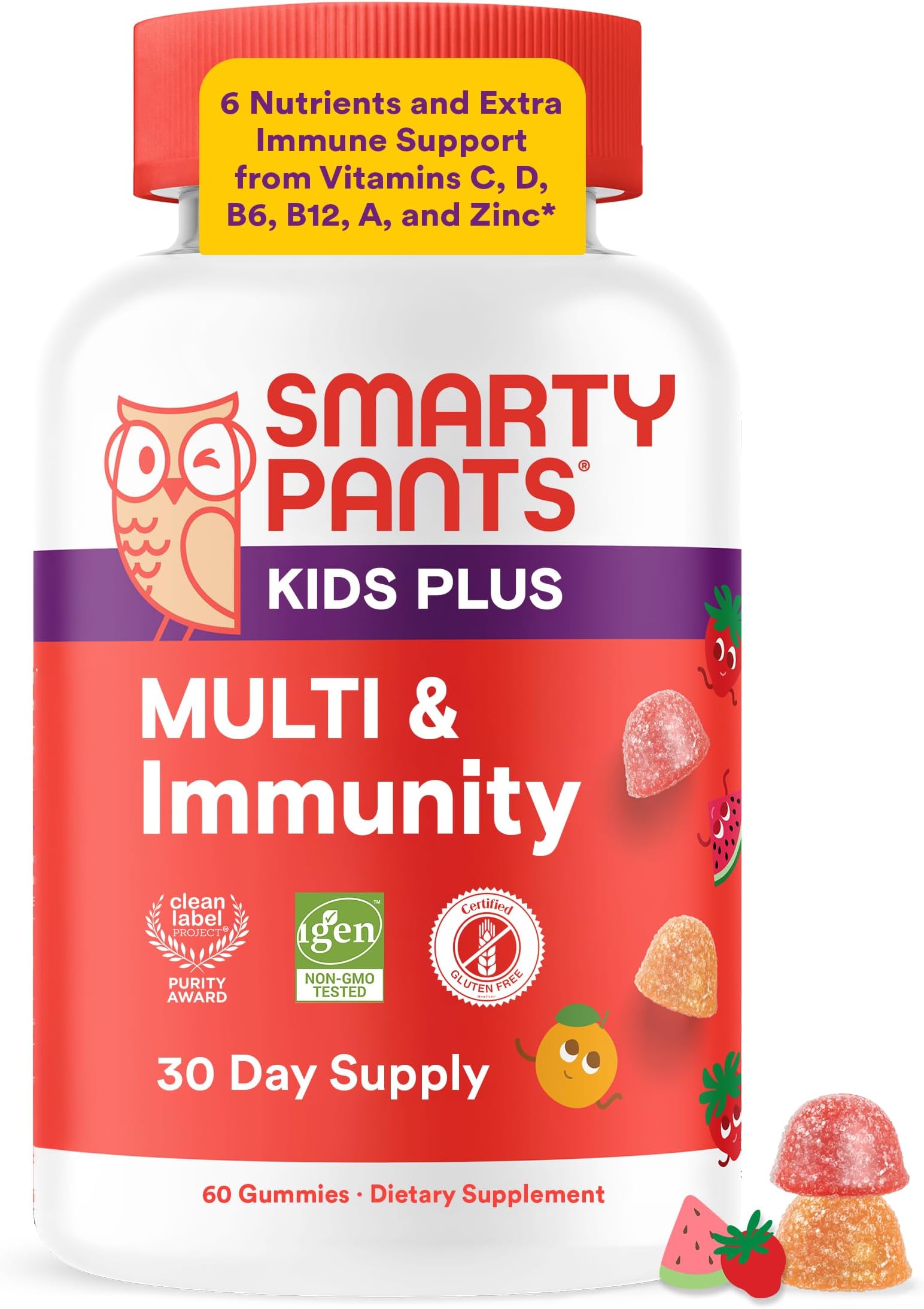 SmartyPants Kids Plus Multi & Immunity Multivitamin Gummies with Vitamins C, D, B6, B12, A, Zinc, Biotin, Iodine, Gluten Free, Clean Label, Two Fruit Flavors, 60 Gummies (30 Day Supply)