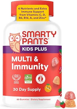 SmartyPants Kids Plus Multi & Immunity Multivitamin Gummies with Vitamins C, D, B6, B12, A, Zinc, Biotin, Iodine, Gluten Free, Clean Label, Two Fruit Flavors, 60 Gummies 30 Day Supply