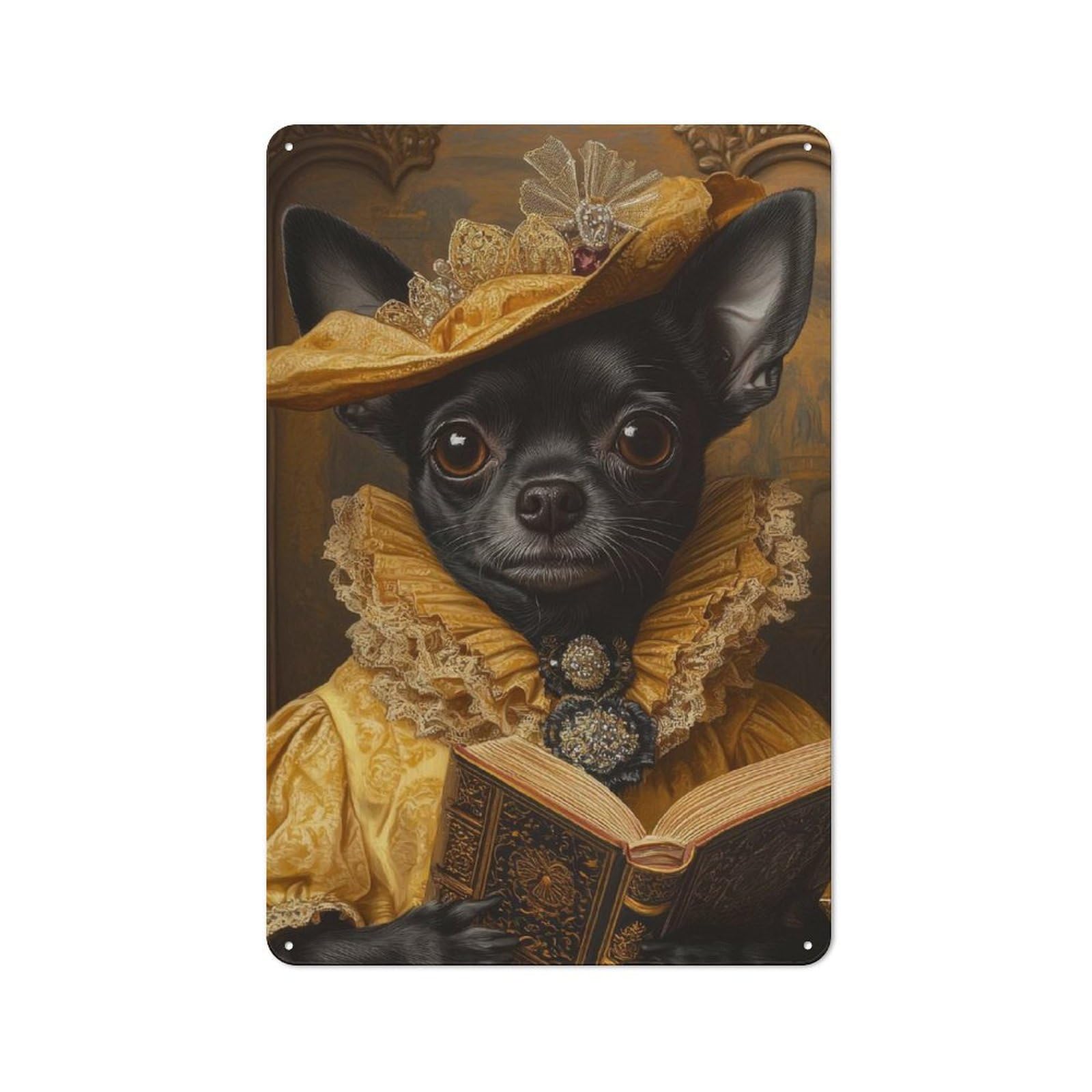Junmoney Majestic Chihuahua In Yellow And Gold Renais Metal Plaque 30X20cm With Sance Chihuahua For Pub Or Café, Rustic Decor, For Pub Decor Enthusiasts