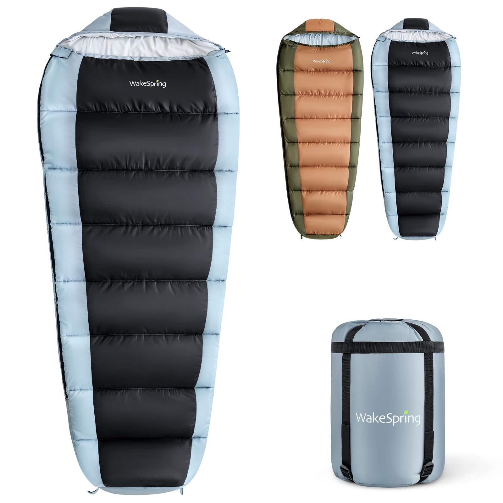 WakeSpring Schlafsack Erwachsene 450GSM, 3-Jahreszeiten Mumienschlafsack Outdoor, wasserabweisender Camping Schlafsack Kapuze, 200/230 cm, für Reisen