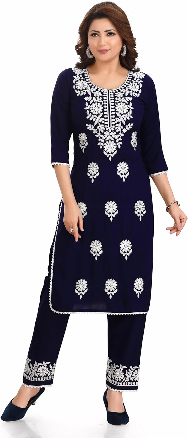 ladyline Rayon Plain Lucknowi Embroidered Kurta with Pants Set for Women Indian Dress