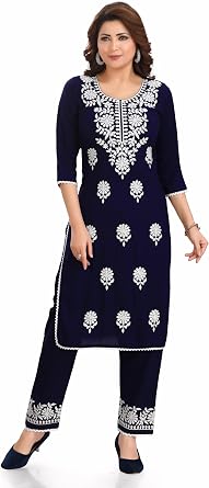 ladyline Rayon Plain Lucknowi Embroidered Kurta with Pants Set for Women Indian Dress