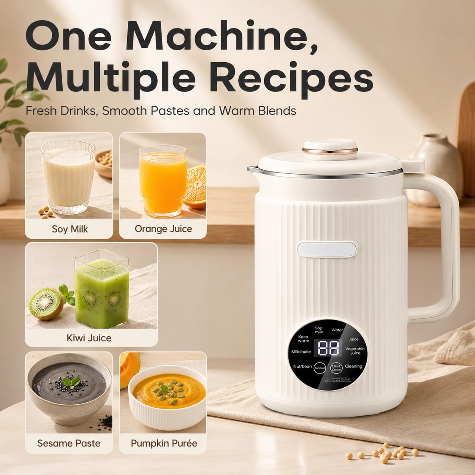 Macchina Automatica per Latte Vegetale 1,2 L, 9-in-1 con 10 Lame | Display Touch LED, Timer 12 Ore, Calore per 6 Ore e Autopulizia per Latte di Mandorla, Avena, Soia e Frutta Secca(white)