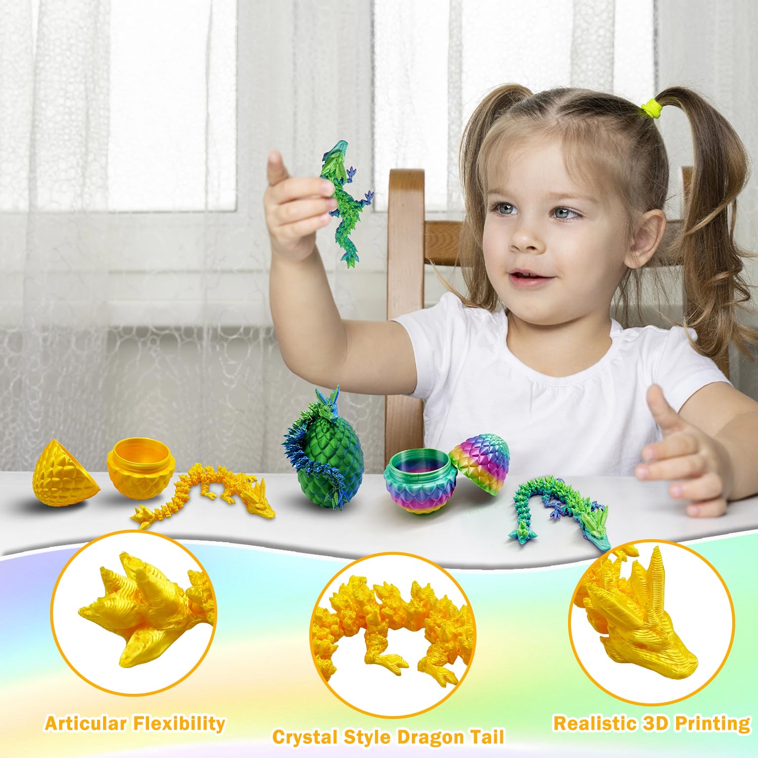 Yeefunjoy 4Pcs 3D Printed Dragon in Egg, Articulated Crystal Dragon Flexible Joints Mystery Fidget Toy - Image 4