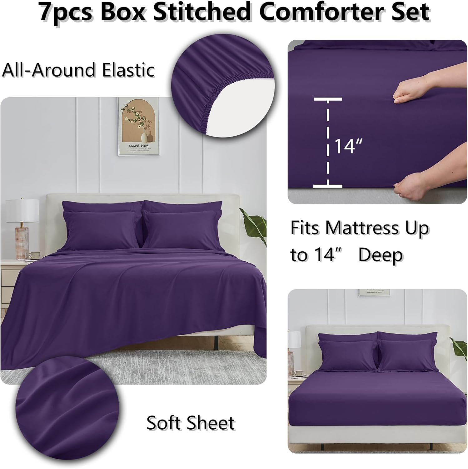  Full Size Comforter Sets, 7-Piece Bed in a Bag, Purple | OEKO-TEX Certified, Box-Stitched Design, 240 GSM Down Alternative Fill, All-Season Comfort, Sheets, Pillowcases & Shams thumbnail
