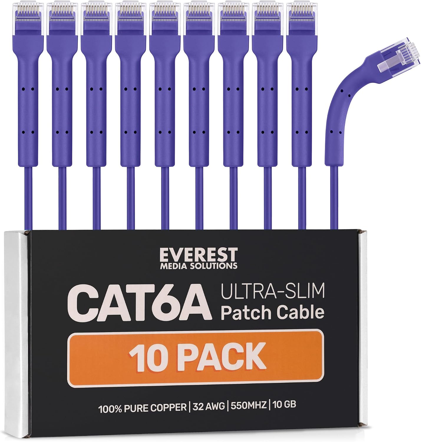 Everest Ultra Slim Cat6a Ethernet Patch Cables 3ft (10-Pack) Purple