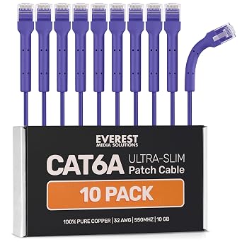 Everest Ultra Slim Cat6a Ethernet Patch Cables 1ft 10-Pack Purple | Bendable, Thin and Flexible