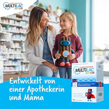 MULTILAC DARMSYNBIOTIKUM Junior with 40 Chocolate Plates. Contains selected bifido and lactobacteria with inulin and 1 billion bacteria. Sugar-free gluten-free lactose-free. Only once daily.