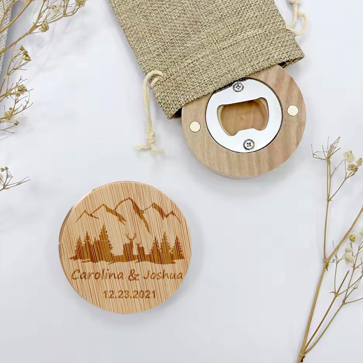 Abrebotellas De Madera Personalizado Con Imán, Abrebotellas Rústico Redondo Grabado Personalizado For Padrinos De Boda, Con Fecha, Nombre Y Ubicación Grabados, For Bodas, Comuniones(40pcs)