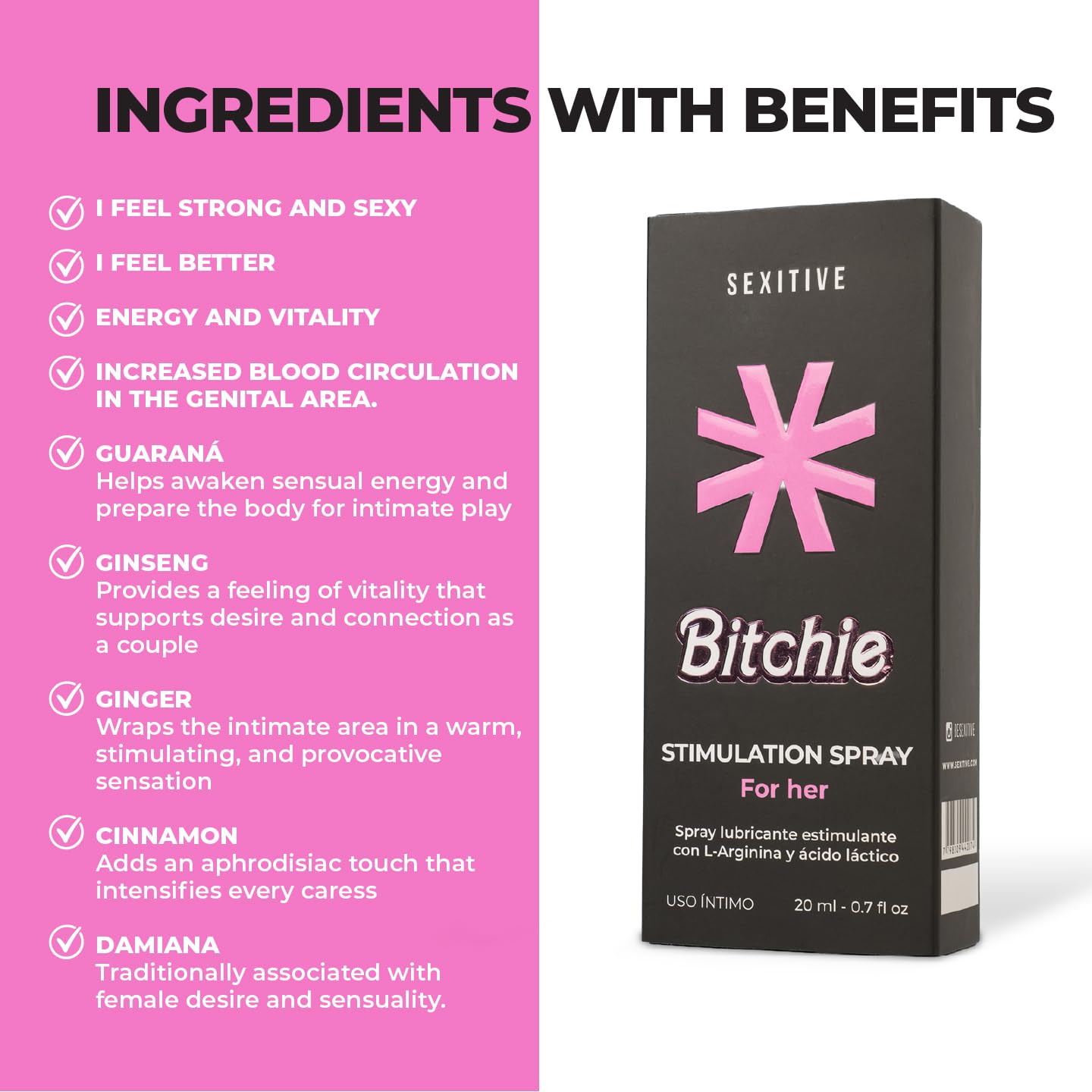 BITCHIE Spray orgásmico rápido. Estimulante femenino con L-Arginina y Ácido láctico - Orgasmos más intensos. Complejo afrodisíaco en base a Guaraná, Ginseng, Ginger y Cinnamon - 20 ml - 0.7 fl oz.