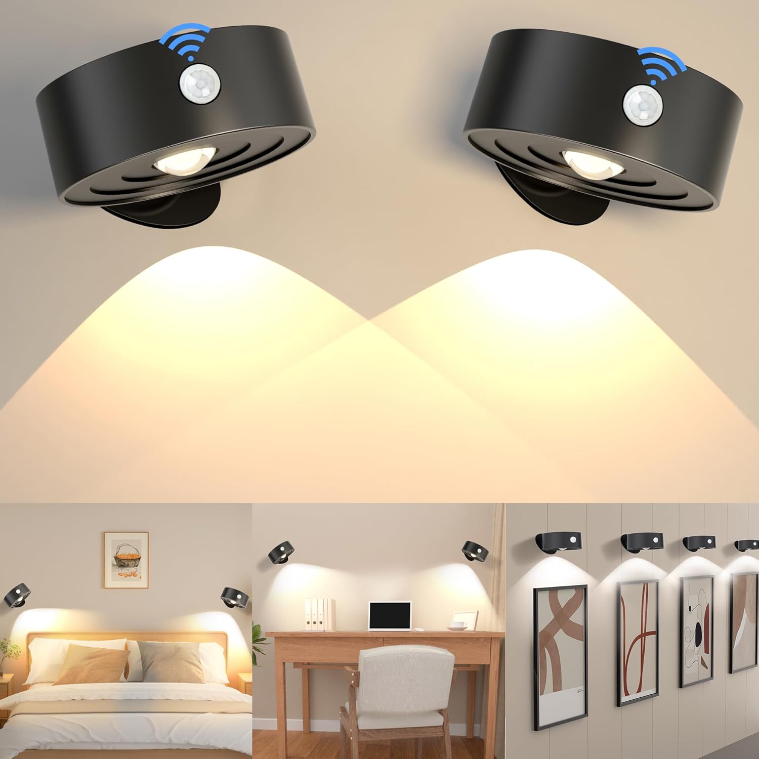 Wall Sconces Set of Two, LED Wall Lights with Motion Detection, 360