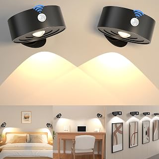 Wall Sconces Set of Two, LED Wall Lights with Motion Detection, 360°Rotatable & Rechargeable & Magnetic Wall Light, 3 Color Temperature & Stepless Dimming, Wireless Lights for Reading, Gallery, Makeup