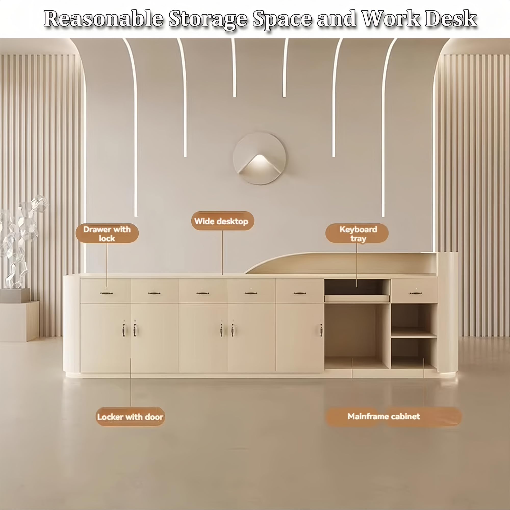 Moderner 254,4 cm Rezeptionstisch, Bekleidungsgeschäft, Schönheitssalon, Büro, Empfang & Kasse, mit anpassbarem Logo, versteckte LED-Beleuchtung, einteilig, keine Montage