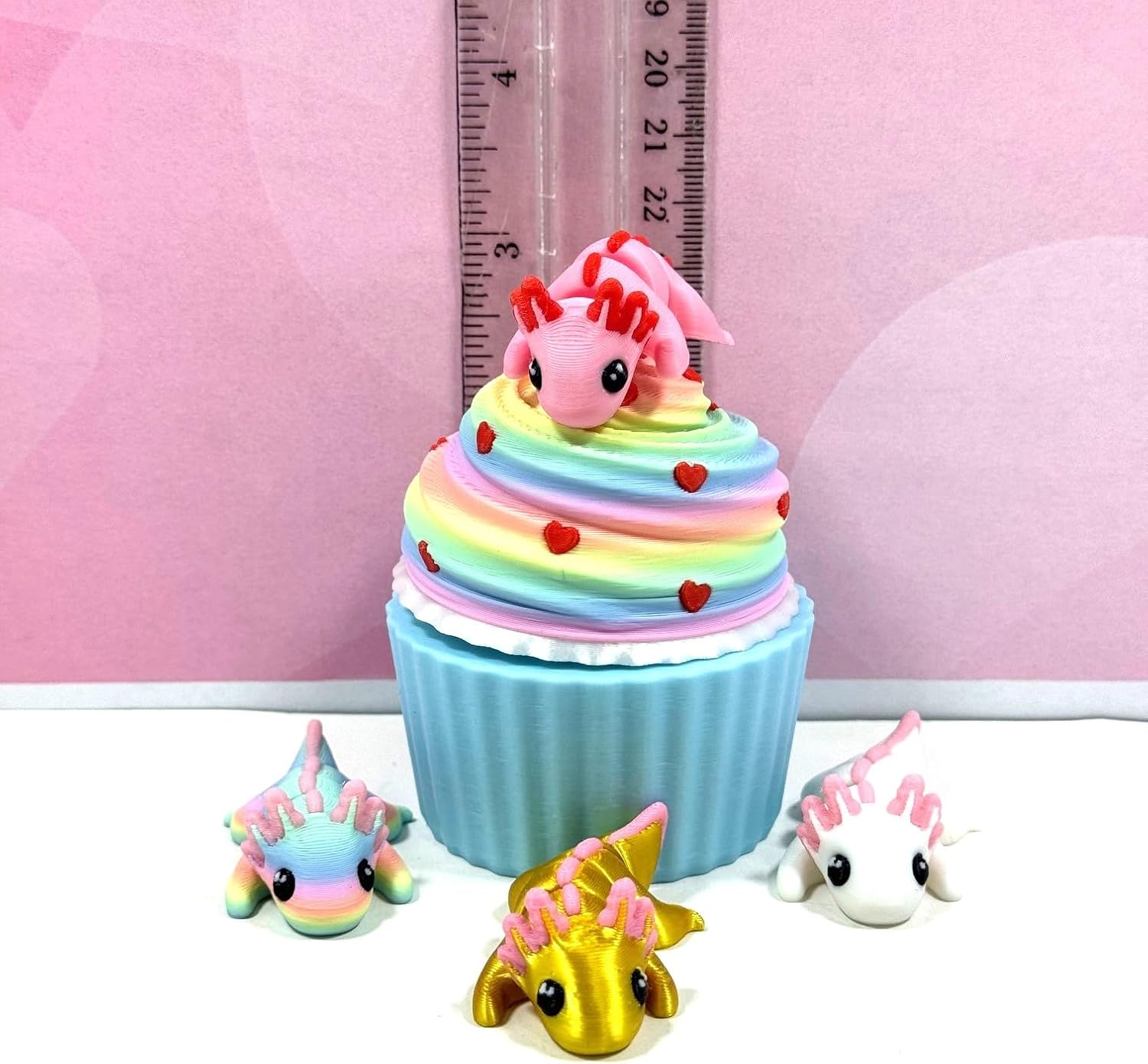 4pcs 3D Printed Articulated Mini Axolotl, 3D Printed Cupcake Container, Colorful Valentines Axolotl Fidget Toy, Mini Axolotl Fidget Toy, Executive Desk Toy, Home Decor MA001-CC-BMAC