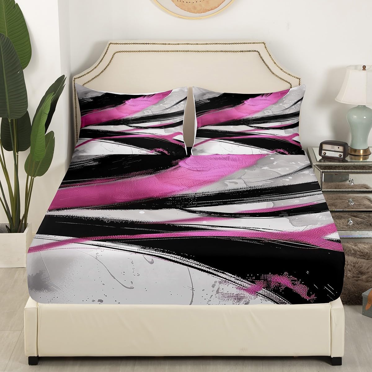 Erosebridal Black and Hot Pink Ombre Bed Sheets Grey Gradient Fitted Sheet Full Size, Hippie Graffiti Splash Bedding Chic Brush Stroke Sheet, Watercolor Oil Painting Bed Cover