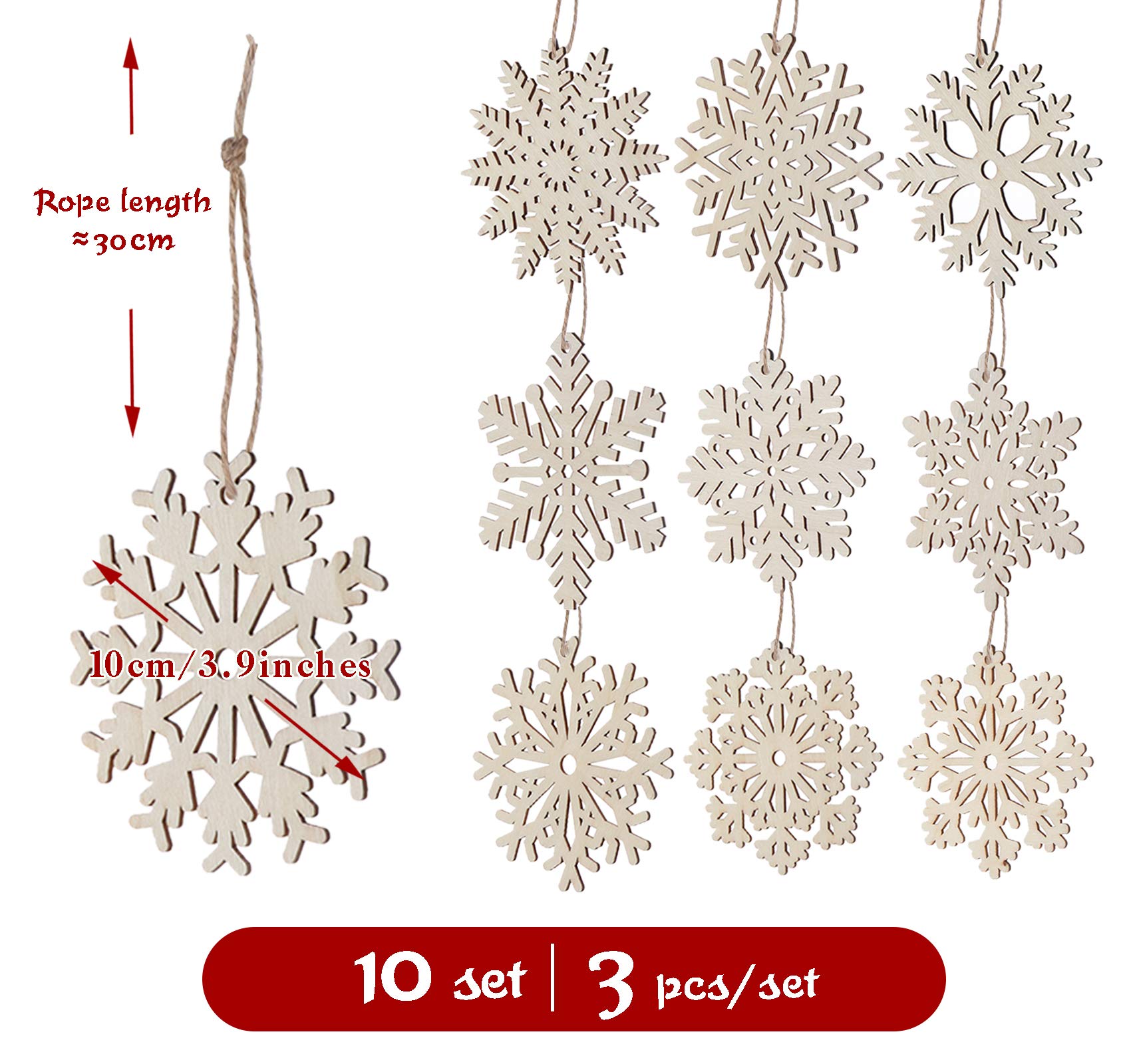 ilauke 30 Copos de Nieve de Madera, 10 Estilos Ahuecados Con Cuerda, Manualidades Adornos Colgantes para Árbol y Decoración de Navidad de Bricolaje